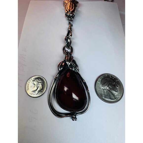 Estate Sterling Silver 925 Necklace w/ Large Amber Art Nouveau Pendant 26” - Picture 6 of 11